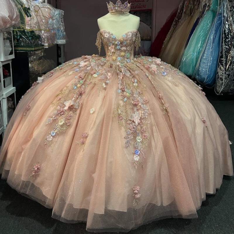 Pink Ball Gown Quinceanera Dresses Off The Shoulder Applique Flower Beads Tull Party Birthday Sweet 16 Dress Vestidos 15 De Anos