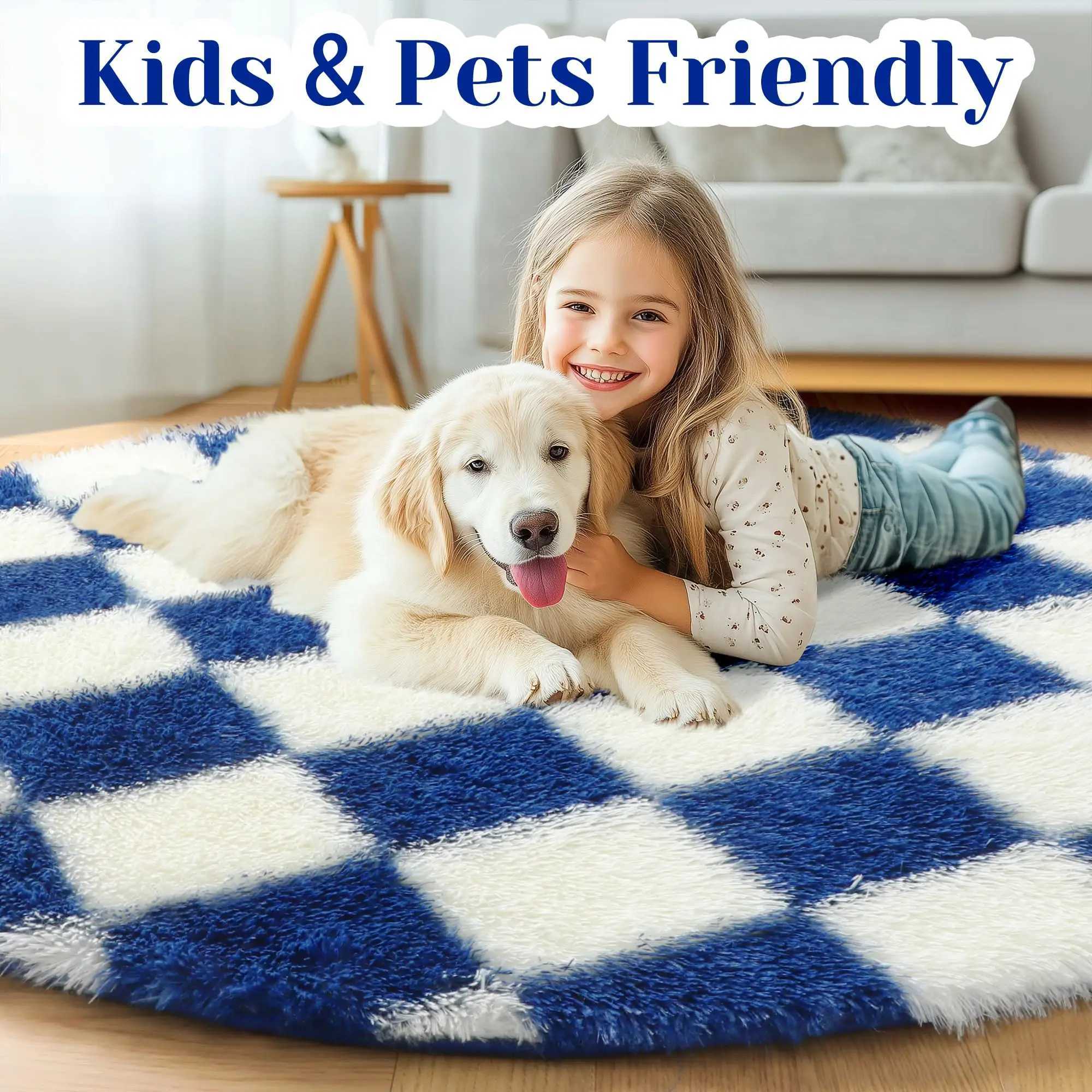 Modern Checkerboard Round Rug Soft Plush Rugs Circular Carpet for Home Decor Nursery Game Mat Childrens Bedroom Bedside Mats C250912