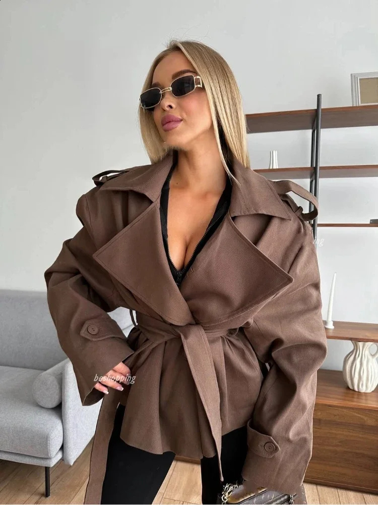 Women Lace Up Lapel Short Trench Coat Fashion Solid Waist Cinching Long Sleeve Windbreaker Chic Autumn Lady Outwear 250911