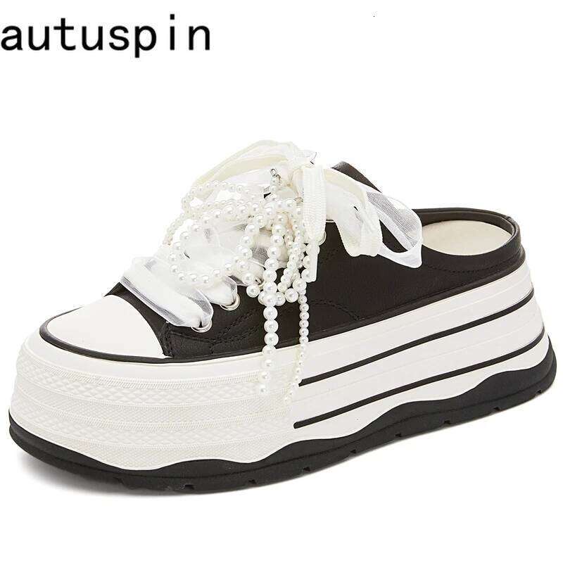 AUTUSPIN 5.5Cm Women Cover Toe Leisure Slippers Fashion Beards Slides Recycled Cowhide Soft Woman Mules Shoes Outdoor Tide