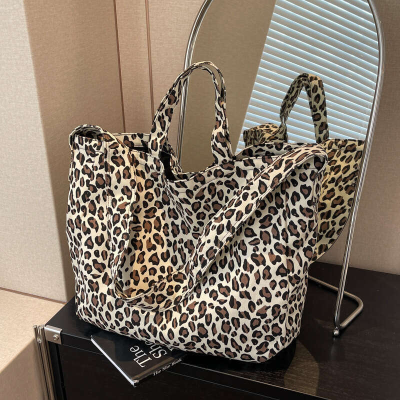 Niche Leopard Print Canvas Tote for Women, Casual Designer Bags Large Capacity Fashion Handbag, Korean Style Trendy Single Shoulder Crossbody Bag