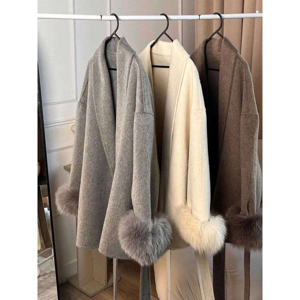 Dresses VGH Solid Spliced Lace Up Slim Coats For Women Lapel Long Sleeve Patchwork Artificial Fur Wool Coat Female Autumn Fashion Style