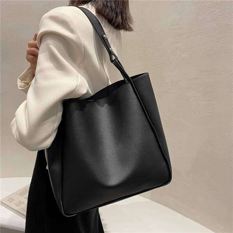 Simple Women Bucket Shoulder New Solid Color Handbags Retro Tote Large Capacity Pu Leather Bags 2024