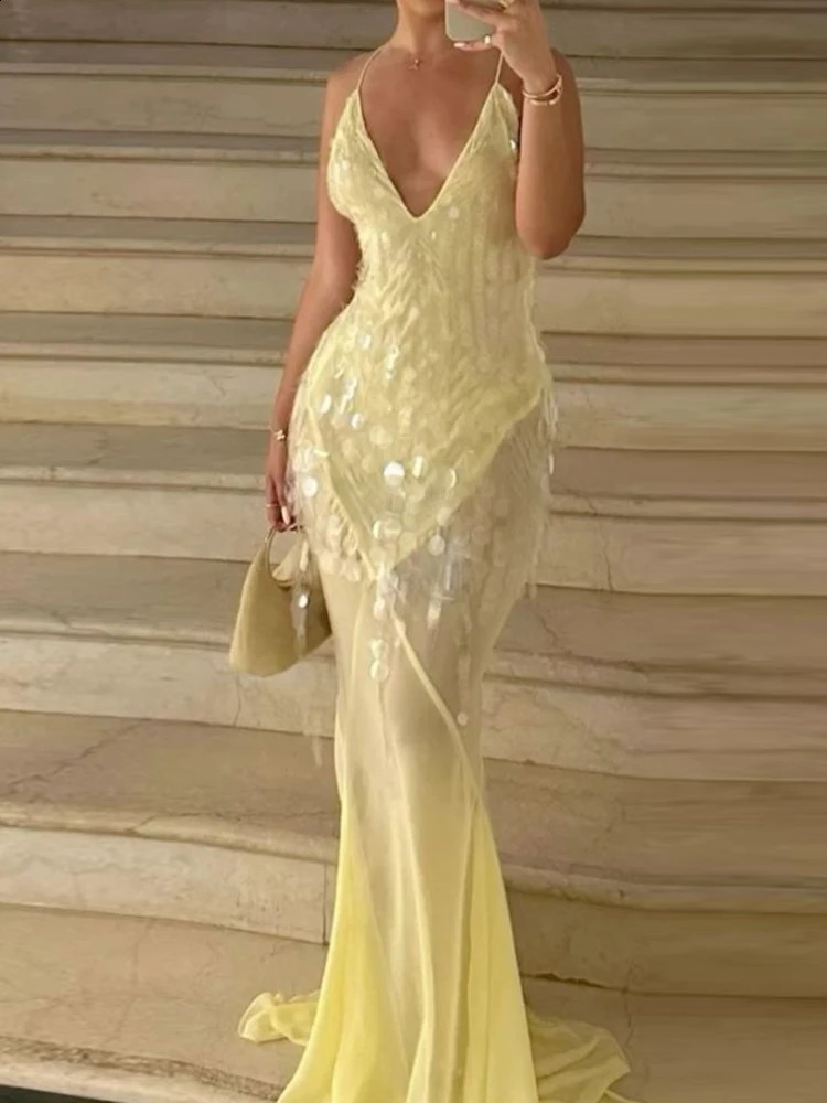 Backless Sequins Patchwork Simple Party Dress Women Summer Solid Deep V Neck Maxi Hollow Zipper Ladies Vestido 250912