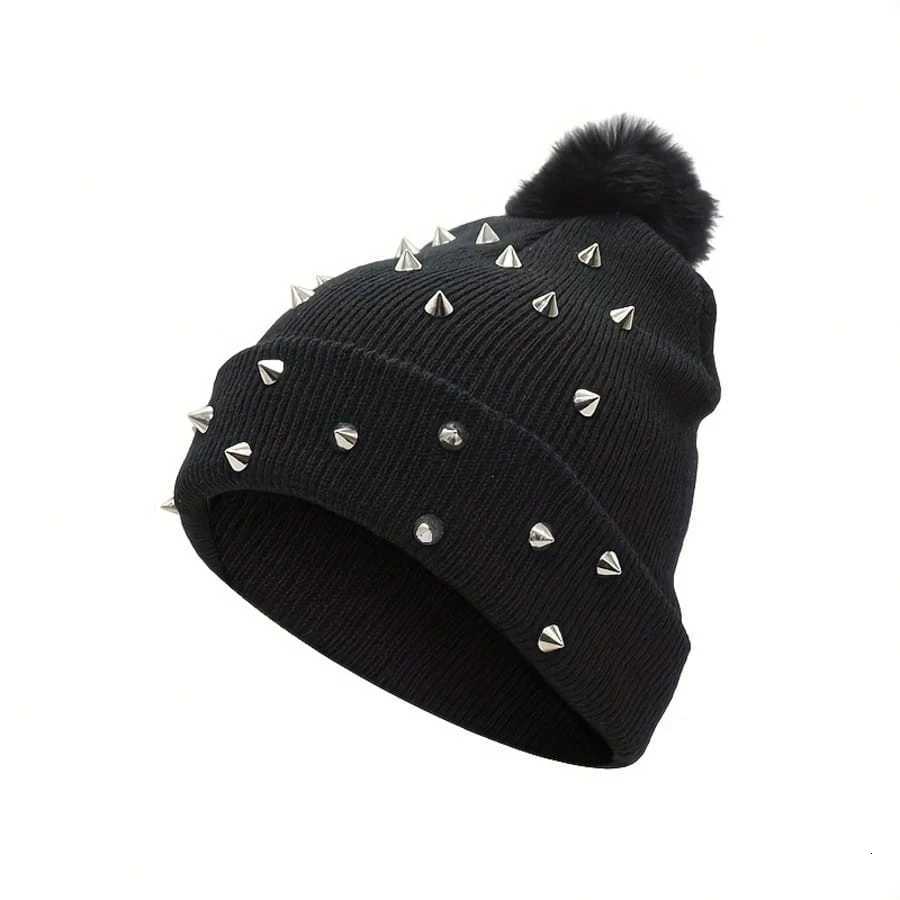 1PC Mens and Wens AutumnWinter Personali Punk Rivet Warm Wool Ball Knitted Hat Soft and Cfortab G250910