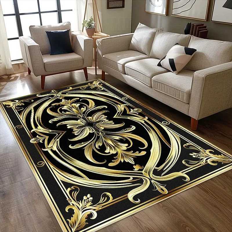 Black Gold Floral Turkish Print Carpet Living Room Sofa Area Rug Home Decor Bedside Area Rug Balcony Kitchen Table Floor Mat C250912
