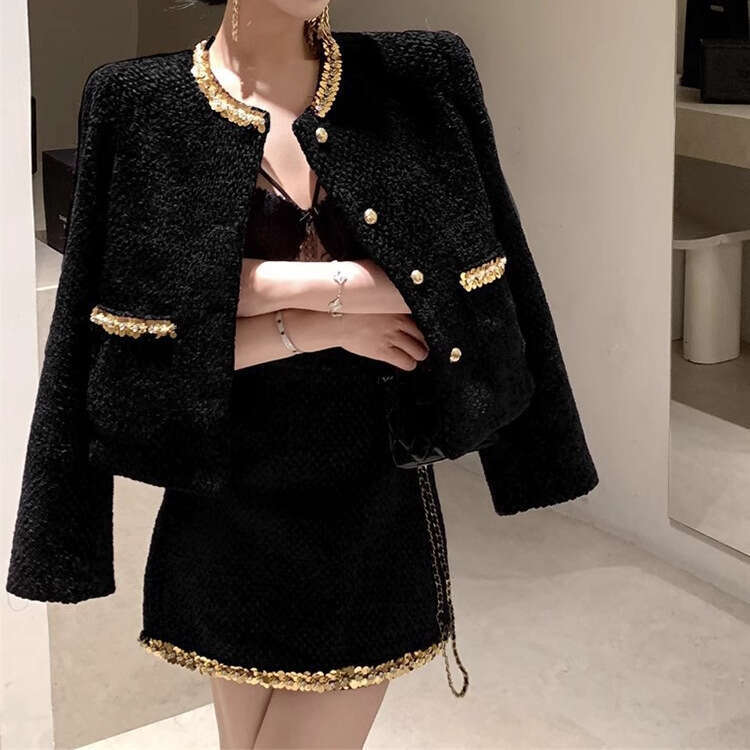 DHEssentials French Rich Lady Socialite Little Chanel Style Set 2025 Autumn Winter New Black Sequin Woolen Blazer for Women