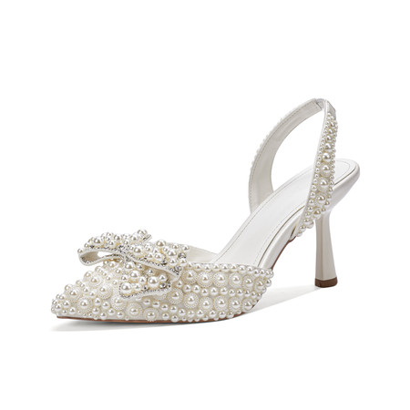 Chengdu Handmade Pearl Bow Pointed Toe Heeled Sandals - 8cm Stiletto Bridal Sandals (White) 2025 Summer Collection