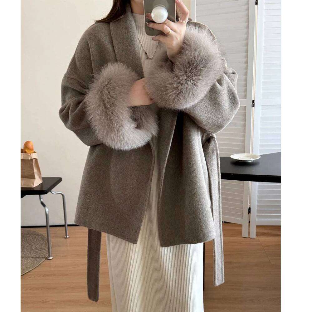 Dresses 2023 Autumn Wool Coats Fox Fur Drouble Face Wooen Regular Length Women Elegant Woolen Coat Veste Femme Tops New