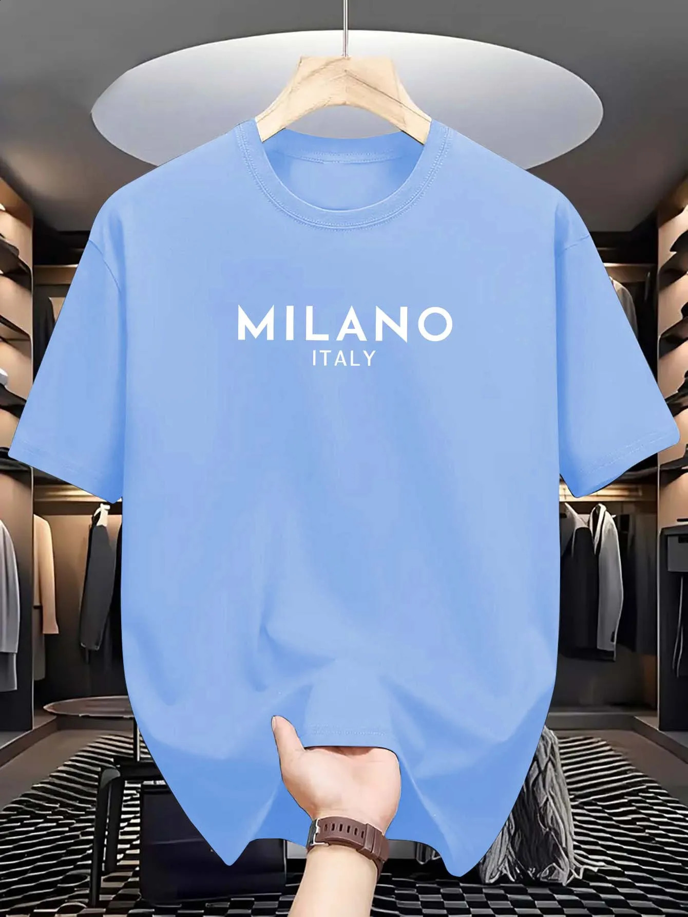 Summer mens 100 pure cotton casual loose and fashionable MILANO ITALY letter printed round neck short sleeved Tshirt top 250912
