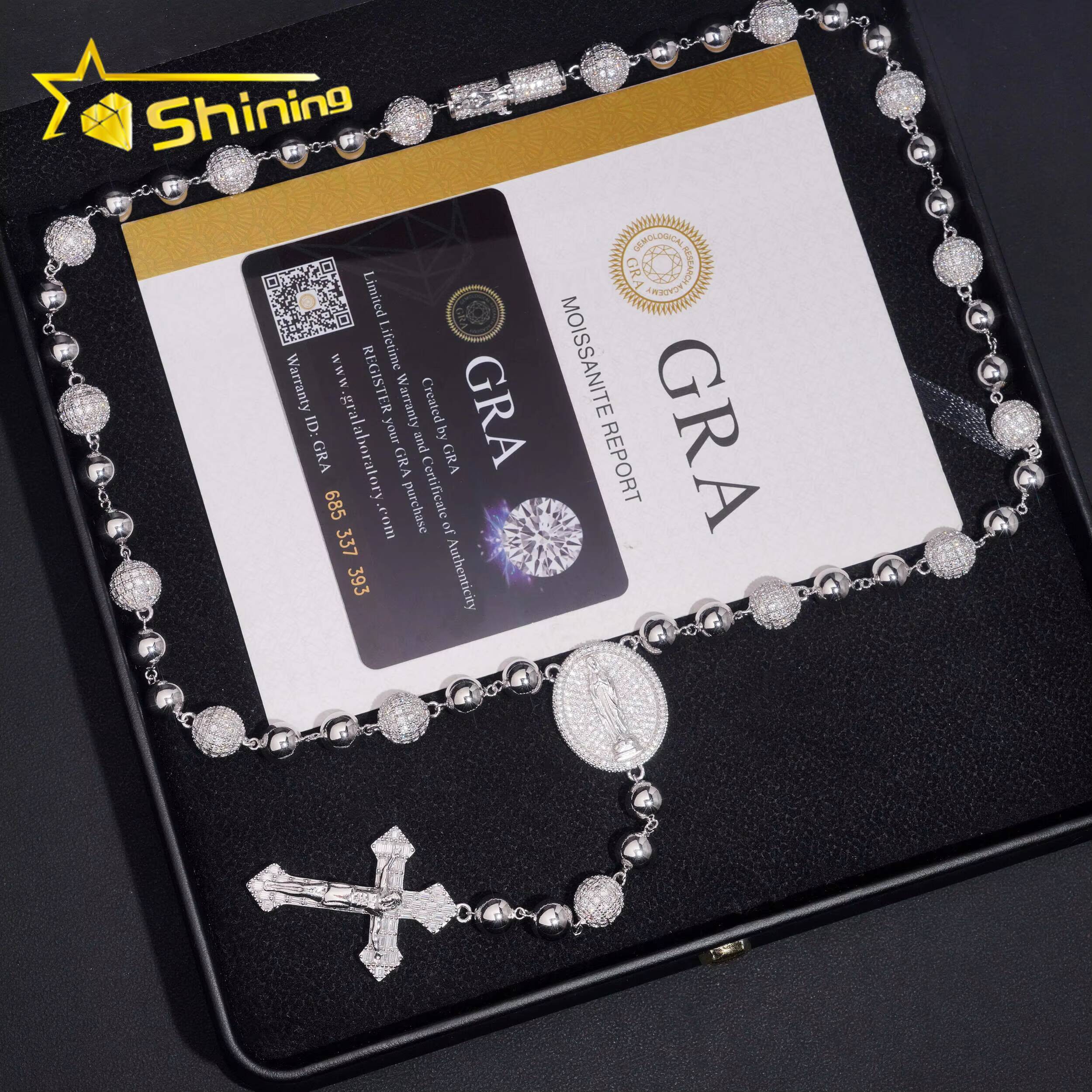 Hip Hop 925 Silver Moissanite Ball Chain Necklace with Cross Pendant Custom Iced Out Moissanite Cuban Link for Men