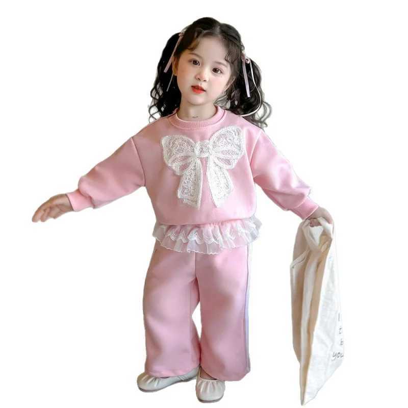 2025Spring New Spring and Autumn Lace Stylish Lace Sweatshirt Casual Girls Sweatpants TwoPiece Set C250912