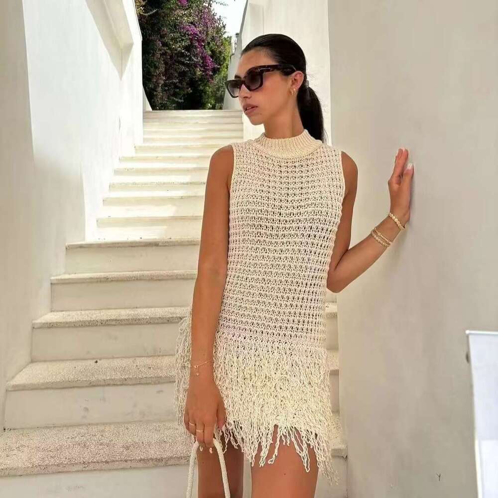 DHEssentials Autumn New Women's Fashion Small Fragrance Style Knitted Vest with Tassel Decoration Sleeveless Round Neck Hollow Short Dress