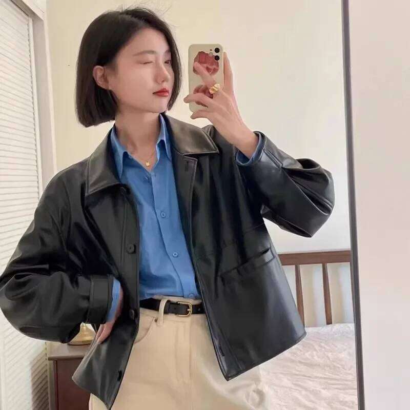 New Spring And Autumn Thin Japanese Style Vintage Lapel Single-Breasted Leather For Women Trendy Long Sleeve Jacket