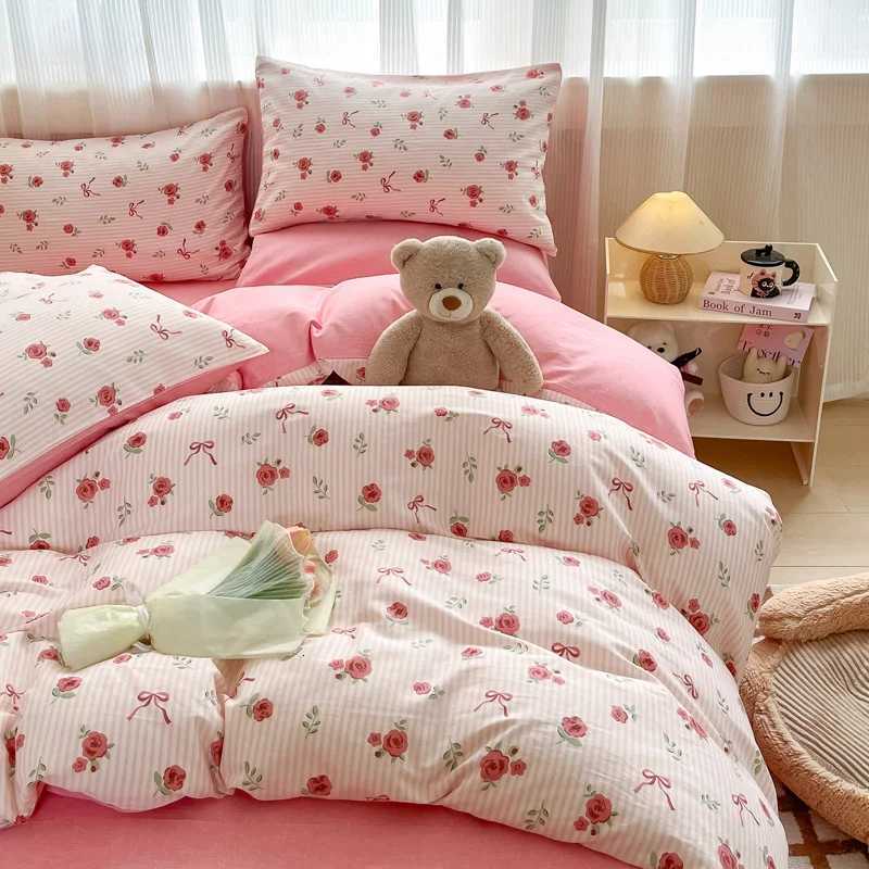 Solid INS Style Bedding Set For adults kids pink cotton fitted Flat Sheet With Pillowcases Colorful King Queen Full size X250912