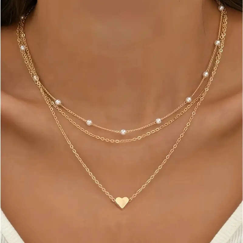 Hot Selling Imitation Pearl Heart Pendant Versatile Collarbone Chain for Women Double Layer Stacking Necklace