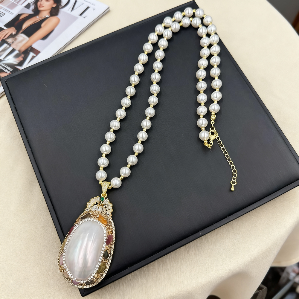 Natural Large Mabe Shell Pearl Freshwater Pearl Crystal Jewelry Set for Women Necklace Ring Bracelet Around Quartz Body-Purifying wholesales drop ship
