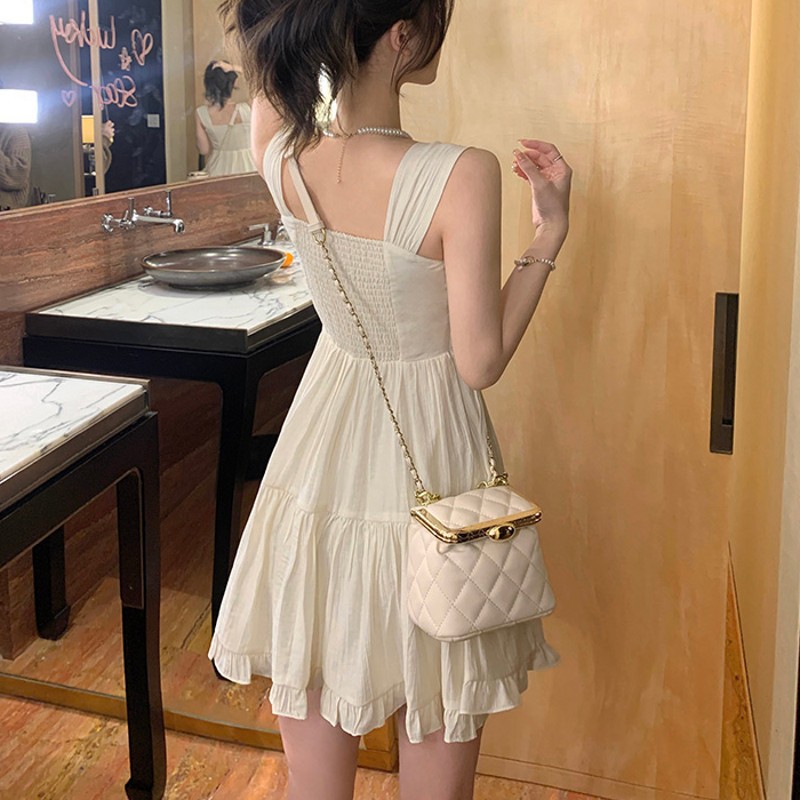 X15519 White Moonlight Temperament Sweet and Gentle Style Suspender Dress Women's Slimming Dress