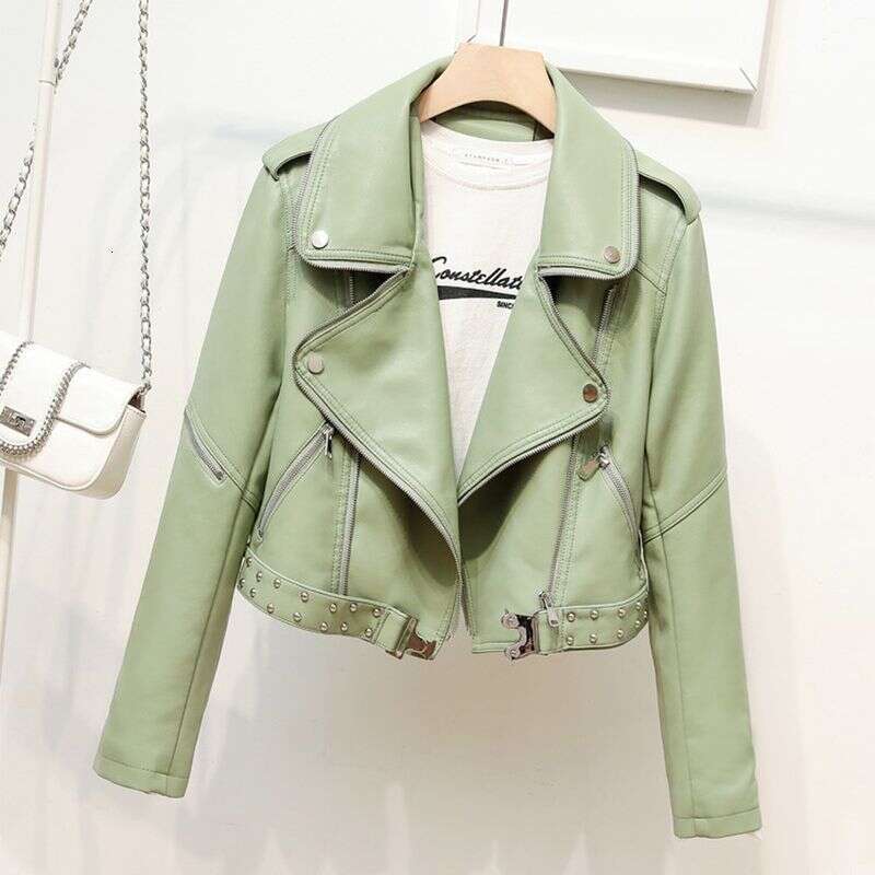 Women's Belt Rivet Heavy Industry Zipper Decorative Lapel Ladies PU Clothes Epaulets Leather Jacket