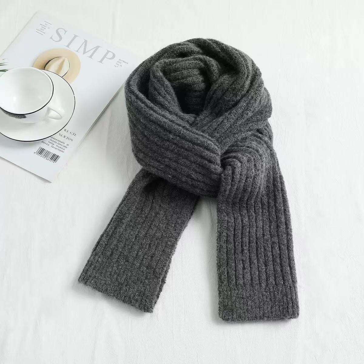K1890 Wholesale Chunky Knit Scarf Grey - Couples Unisex Wool Blend Scarf, Winter Warm Thick Shawl Scarf Supplier