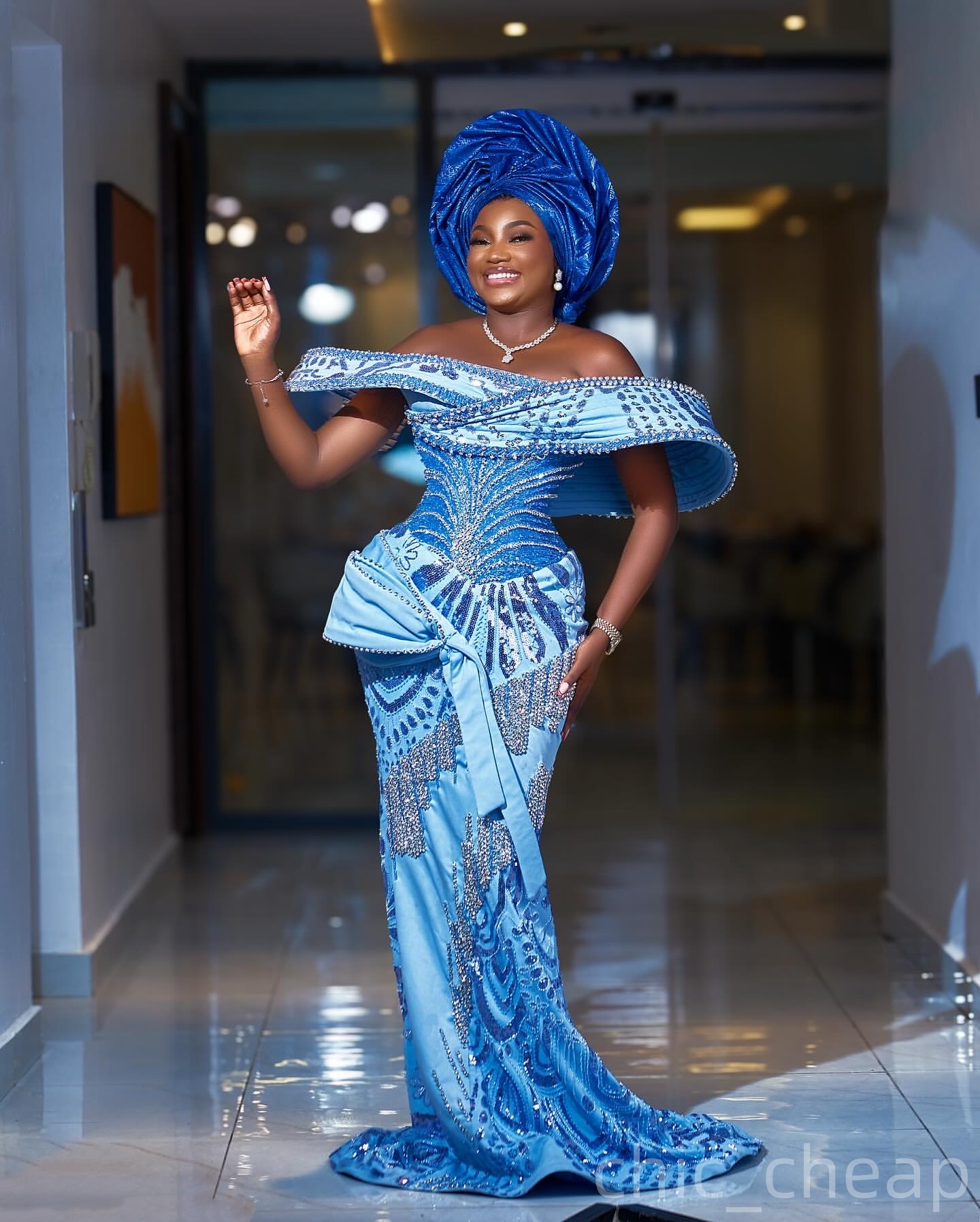 Aso Ebi Sky Blue Mermaid Prom Dresses 2025 Crystals Sequined Evening Formal Party Second Birthday Engagement Gowns Plus Size Dress For Special Occasio
