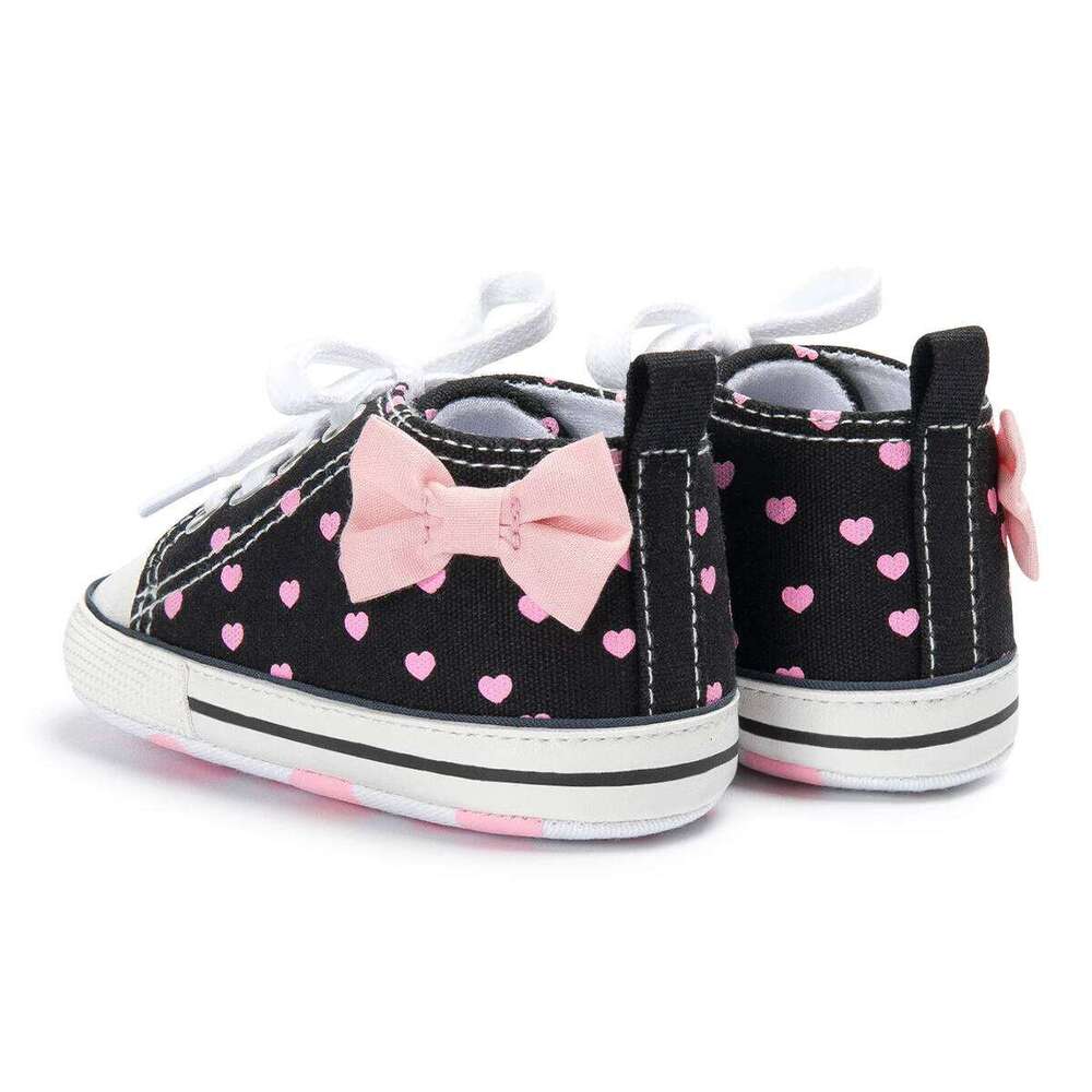 Newborn Baby Girls Shoes Fashion Bowknot Heart Print Classic Canvas Casual High Tops Sneakers Soft Anti-slip Sole First Walkers