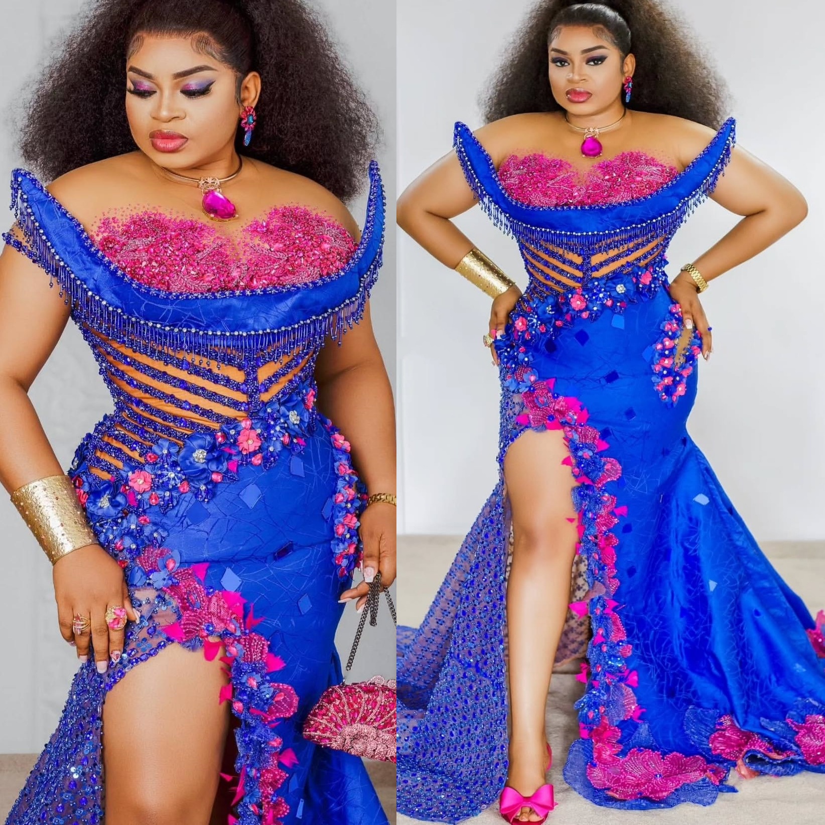 Aso Ebi Royal Blue Mermaid Prom Dresses 2025 Flowers Crystals Tassels Evening Formal Party Second Birthday Engagement Gowns Plus Size Dress For Specia