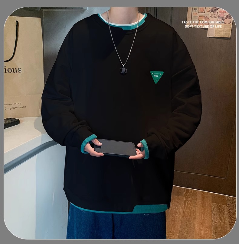 NASA heavy fake two-piece sweater men's spring and autumn new trend loose chest logo round neck long-sleeved bottoming shirt