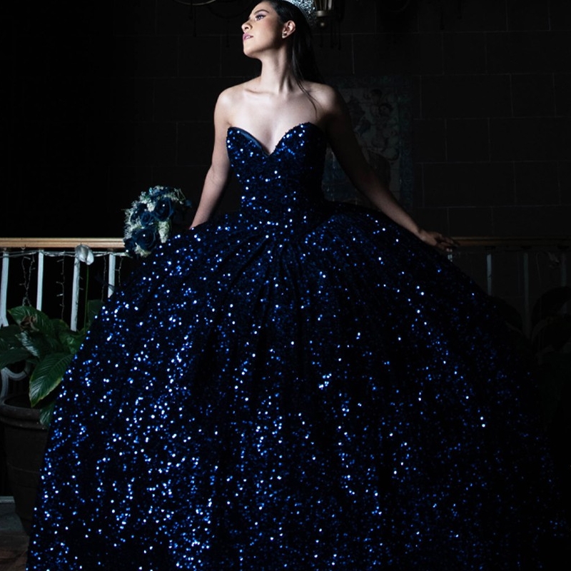 Navy Blue Shiny Ball Gown Quinceanera Dresses Off The Shoulder Sequin Beads Party Birthday Sweet 16 Dress Vestidos 15 De Anos