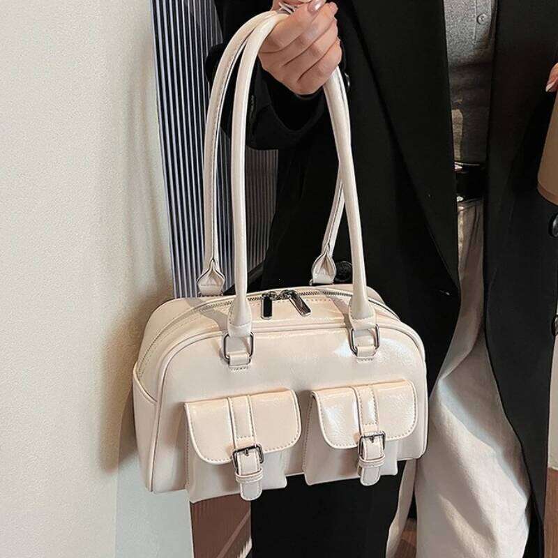 Retro PU Leather Double Pockets Underarm Bags For Women 2025 Winter Y2k New Korean Fashion Female Shoulder Bag Stylish Handbags
