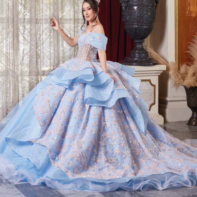 Sky Blue Shiny Ball Gown Quinceanera Dresses Off The Shoulder Sequin Applique Bow Beads Corset Tull Party Birthday Sweet 16 Dress Vestidos 15 De Anos
