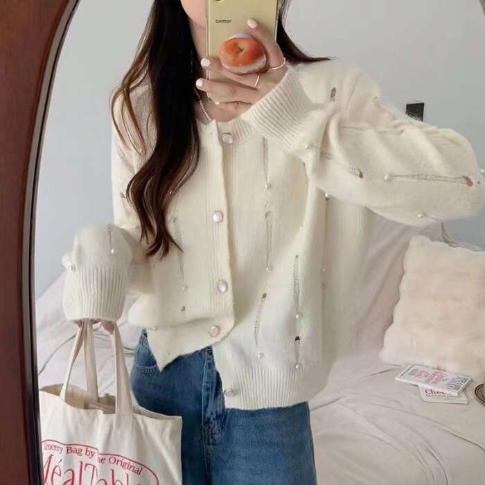 DHEssentials Chanel Style Heavy Beaded Sweater Top for Women, Autumn Winter New Chic High-end Long Sleeve Knitted Cardigan Coat