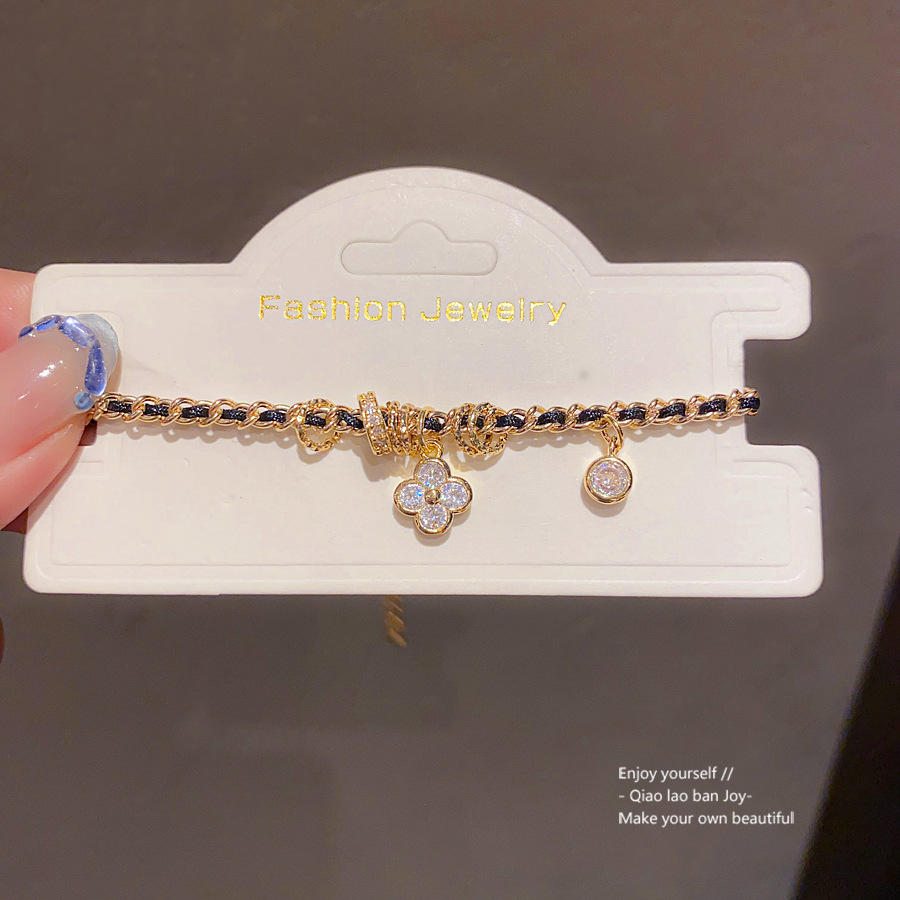 Gold - Toned Bracelet With Braided Chain And Rhinestone Clover & Circle Charms Delicate Daily Chic Jewelry Gift For Her Unique And Fashionable Accesso