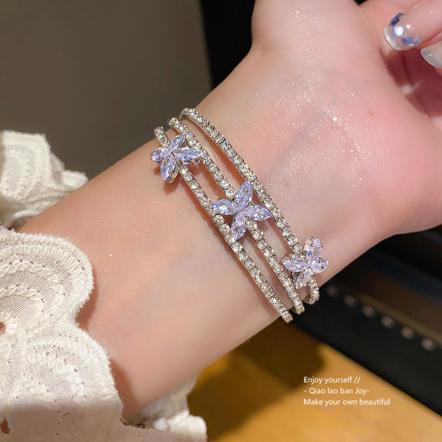 Silver - Toned Cuff Bracelet With Crystal Flower Accents And Rhinestone Layers Delicate Daily & Glamorous Jewelry Gift For Her Elegant And Sparkly Acc
