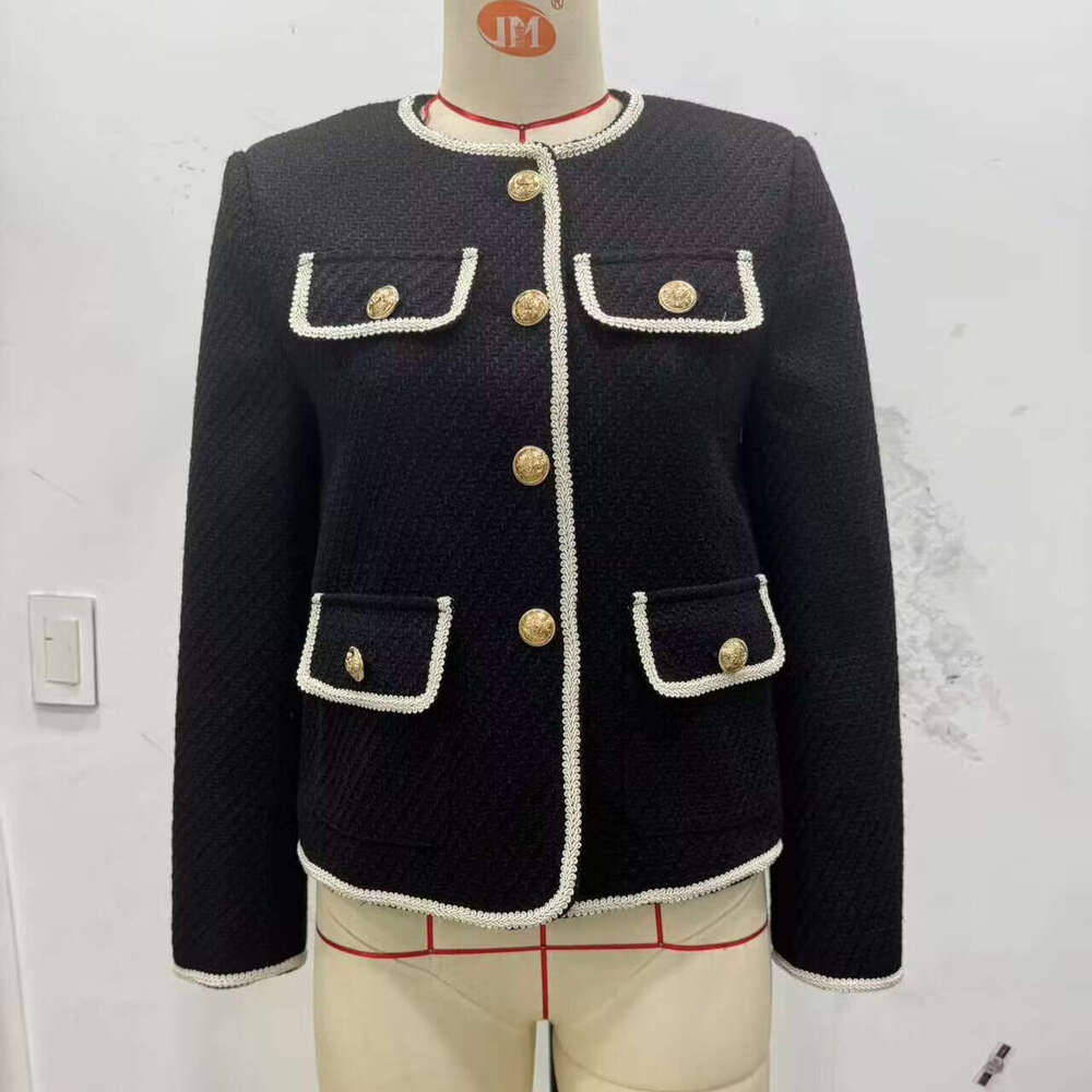 DHEssentials Autumn New Style Tweed Contrast Color Lace Trim Four-Pocket Short Fleece Round Neck Jacket 1290871