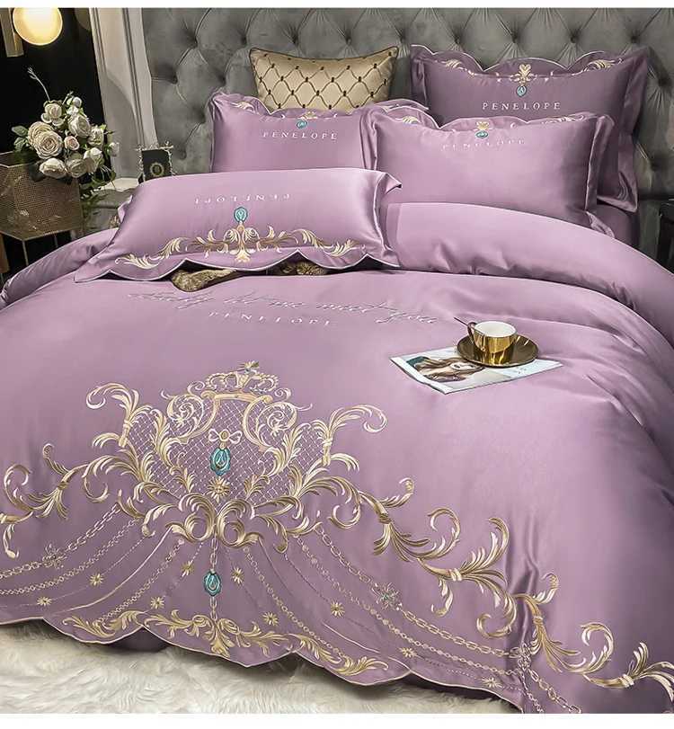 4pcs Gray Sateen Gold Embroidery Luxury Satin Cotton Bedding Set Double Queen King Comforter Cover Bed Sheet Pillowcases 48x74cm C250912