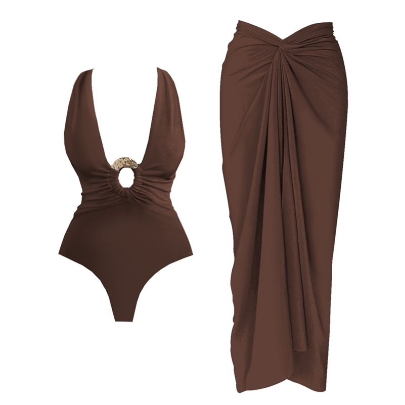 2Pcs Deep V Swimsuit With Long Skirt Women Sexy Swimwear Female Bikini Cut Out Biquini Swim Suit Shiny Button Bodysuit Beachwear 250911