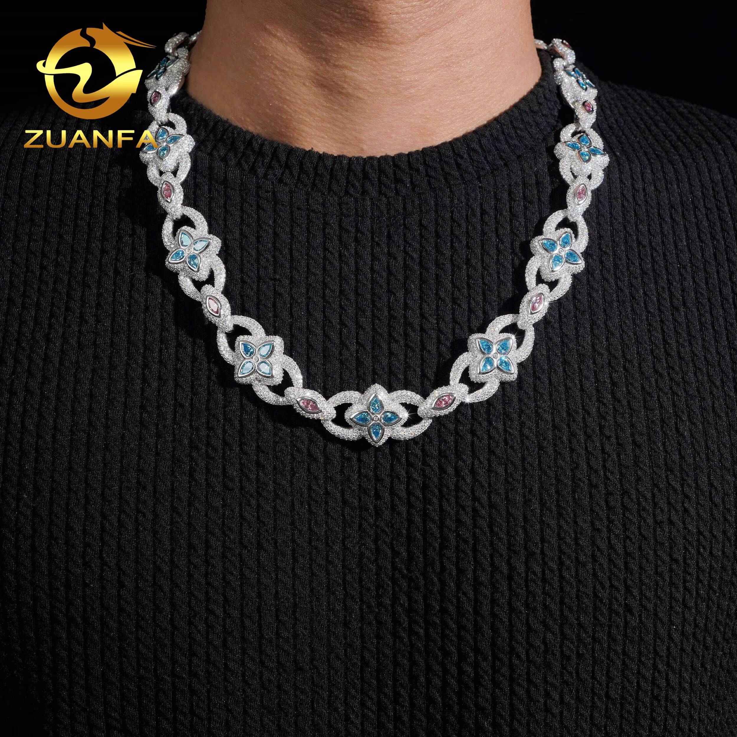 Fine Jewelry 925 Sterling Silver Iced Out Hip Hop 20mm Fancy Shape Color VVS Moissanite Link Chain Necklace