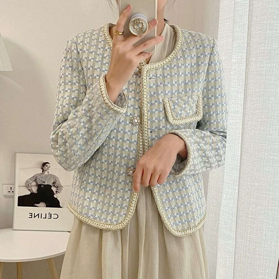 DHEssentials 2025 Autumn Winter New Houndstooth Chanel Style Loose Versatile Elegant Commuter Chic Tweed Jacket for Women