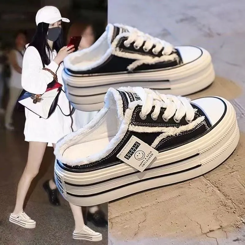Casual New Height Increasing Platform Canvas Women Summer Outer White Sneakers Slipper Slip on Sandals Vulcanize Shoes