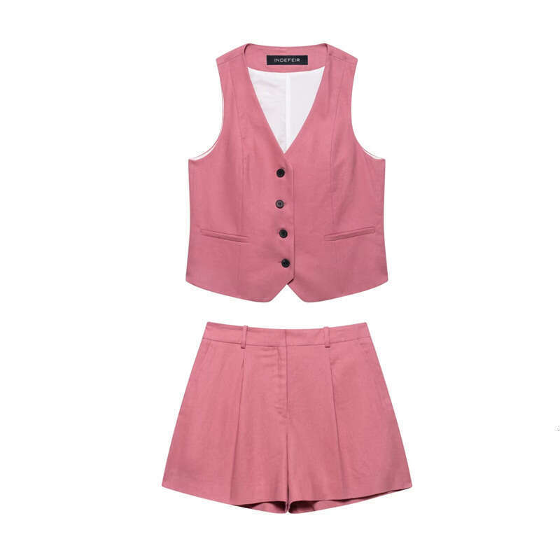 DHEssentials Spring New Set Pink Vest Top Shorts High Waist Design Sense Little Chanel Style Versatile Elegant