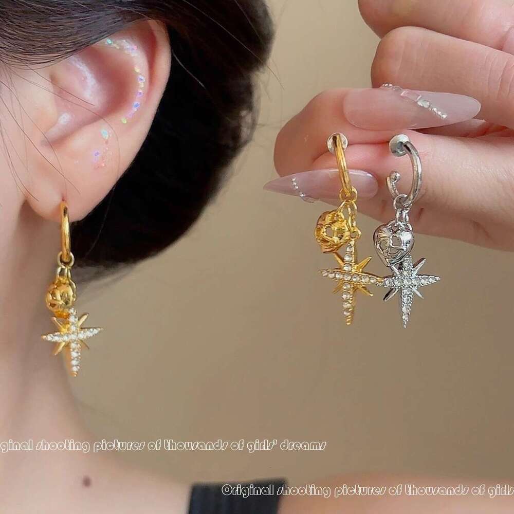 Light High-End Eight-Pointed Star Inlaid Dia Heart Summer Unique Niche Earrings