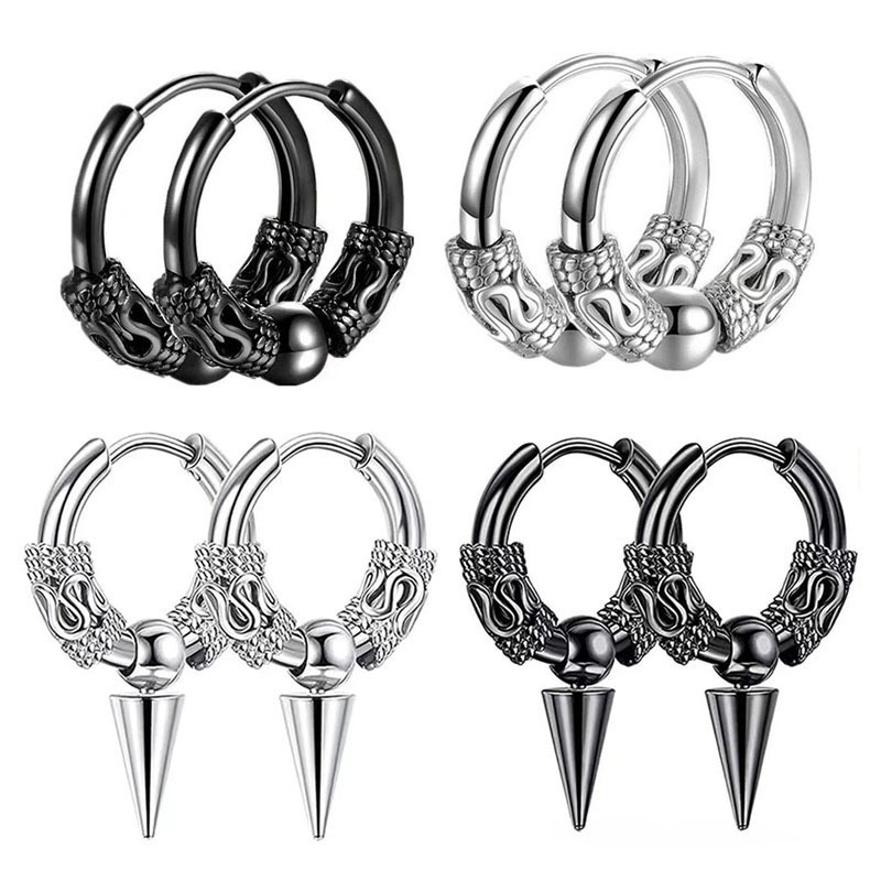 Hip-Hop Unisex Fashionable Retro Tibetan Dragon-Pattern Stainless Steel Beaded Earrings with Round Wire & Pointed Cone Details