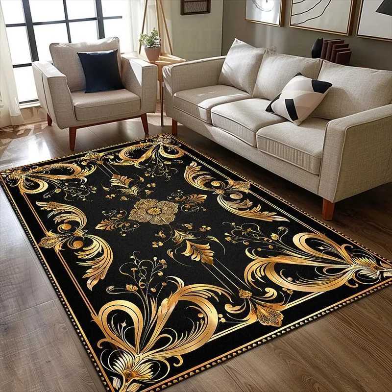 Black Gold Floral Turkish Print Carpet Living Room Sofa Area Rug Home Decor Bedside Area Rug Balcony Kitchen Table Floor Mat C250912
