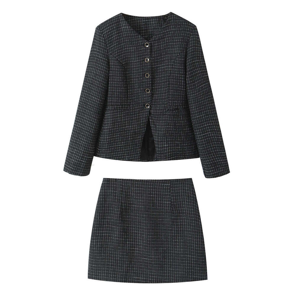 DHEssentials 2025 Autumn New French Style Tweed Plaid Small V-neck Elegant Waist-cinching Jacket + Bodycon Skirt