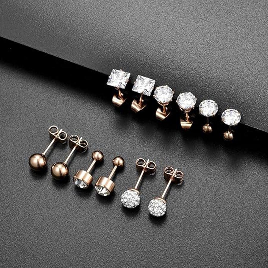 6 Pairs Stainless Steel Stud Earrings CZ Ball Earring Set For Men Women 6MM Rose Gold Tone