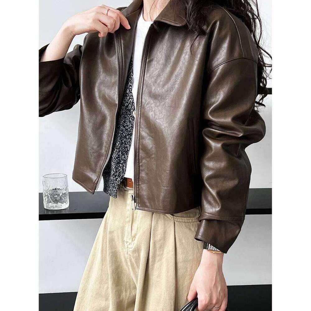 2025 Spring Pu Leather Turn Down Collar Coat Fashion ZIP Classic Jacket Femme Streetwear Women Tops Clothes