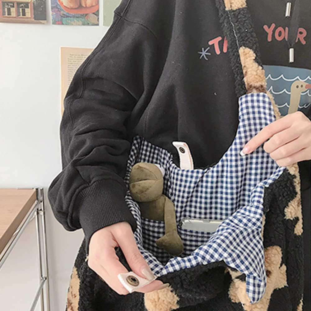 Women Canvas Tote Cute Bear Plush Shoulder Bag Furry Handbag Purse Large Faux Fur Shopping Dating Bag M250912