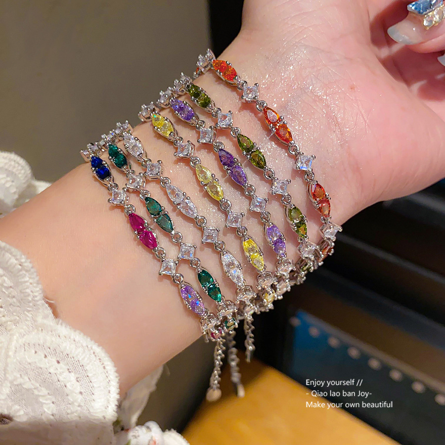 Silver - Toned Bracelet With Purple Marquise Gemstones And Clear Rhinestones Delicate Daily & Glamorous Jewelry Gift For Her Shiny And Chic Accessory