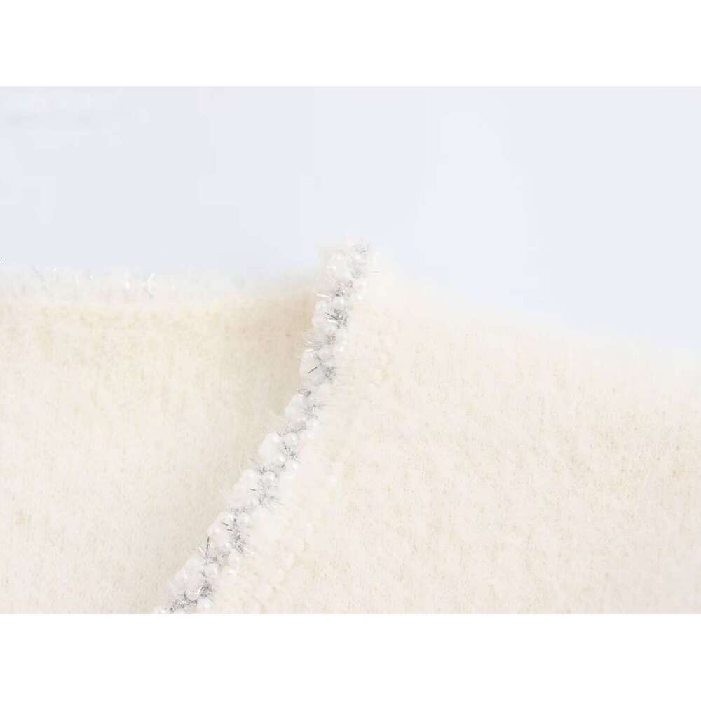 DHEssentials 2025 Autumn New French Style Gentle Pearl Shiny Lace Trim Knitted Cardigan Sweater